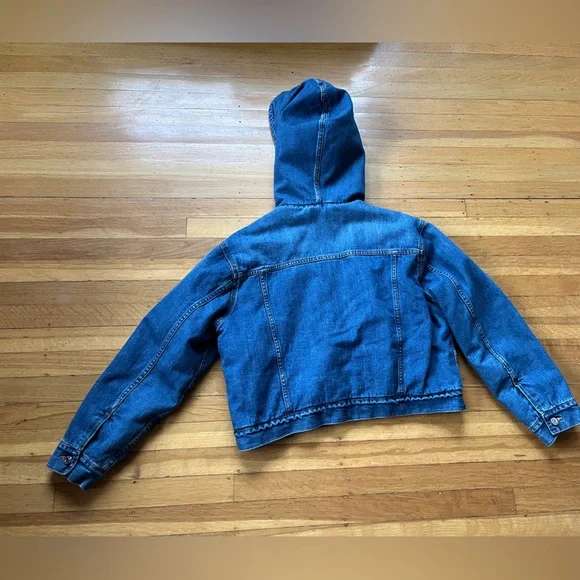 Vintage GAP cropped hooded Sherpa denim jean jacket medium indigo wash S M hood - Picture 4 of 10